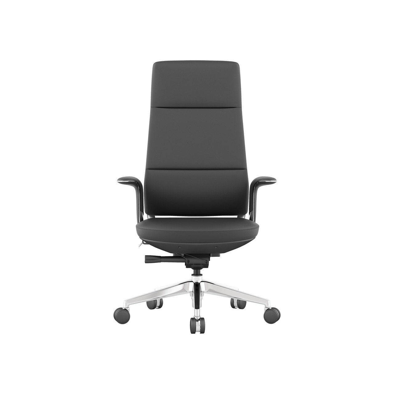 Black high-back leather office chair with metal armrests and five-star casters