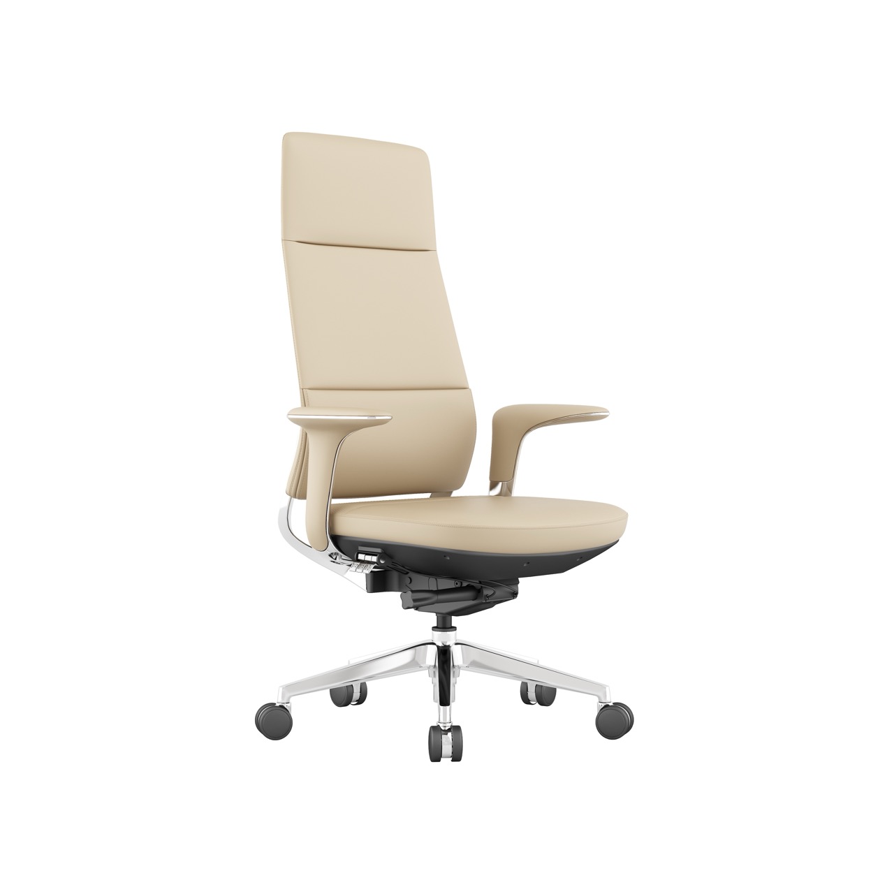 Premium executive office chair: tall upholstered backrest, adjustable seat, and chrome 5-star base with rolling wheels