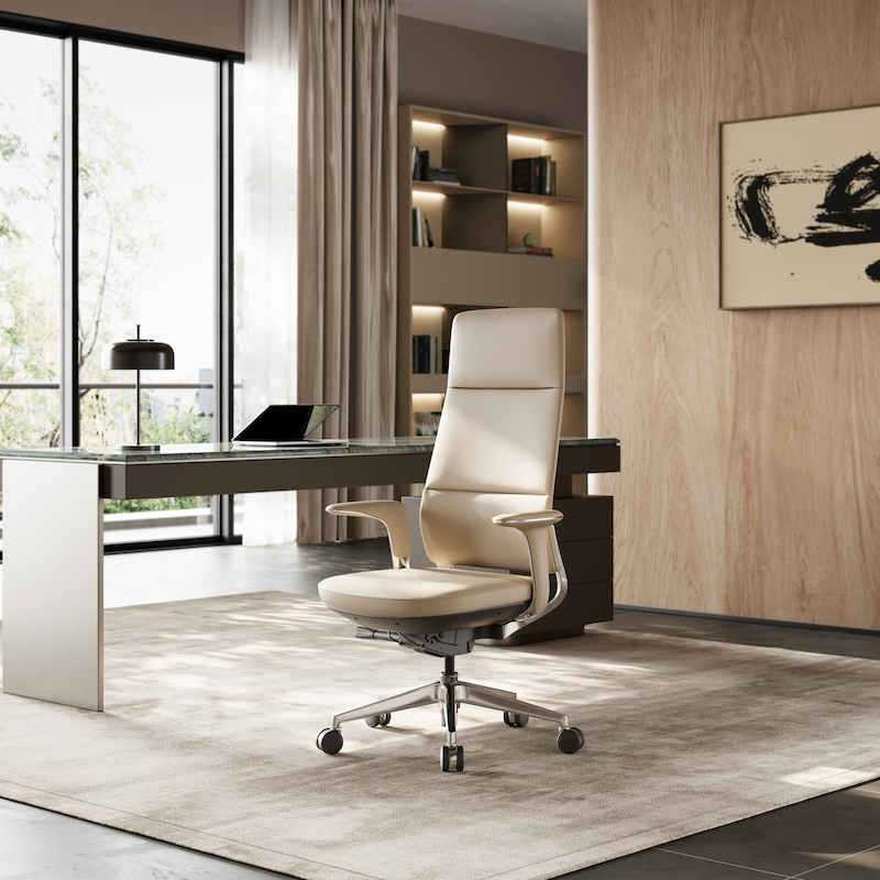 Stylish leather chair in a warm study room